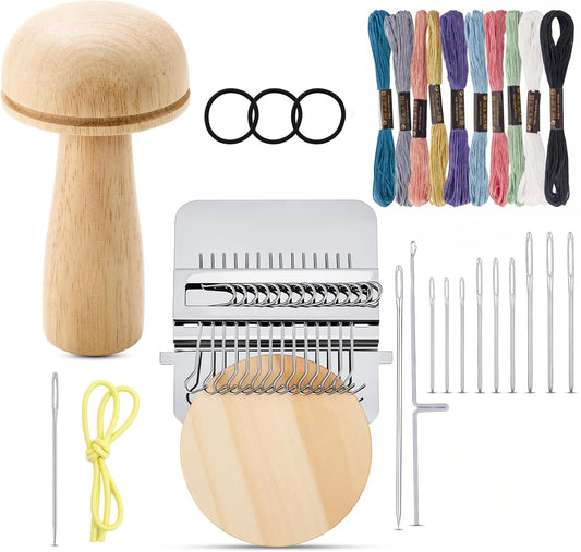 Mini Darning Loom Mushroom Kit, 14 Hooks Small Weaving Tool for Socks Jeans Mending, Knit Patch Repair, Set Includes Large Eye Needles, 50 Colors Threads for Handcraft DIY Weaving Beginners Projects