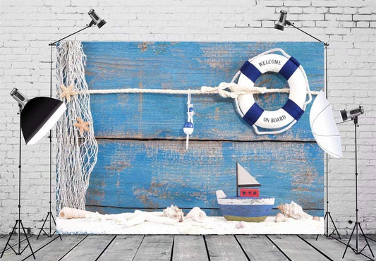 BELECO 5x3ft Fabric Nautical Backdrop Life Buoy and Toy Boat Shells on Blue Wooden Background Phtography Backdrop
