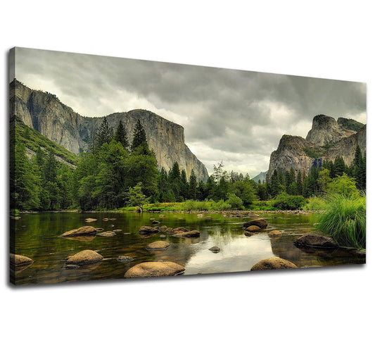 Yosemite Canvas Wall Art Green Mountain Clear Water Nature Pictures Wall Decor Yosemite National Park Scenery Canvas Painting Modern Forest Stream Landscape Canvas Print Artwork for Wall Decoration