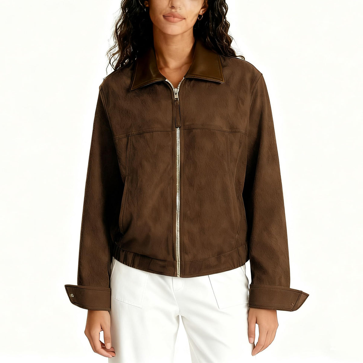 Zoziiee Women's Faux Suede Cropped Jacket Contrast Collar Zip Up Utility Barn Coat Trendy Fall Outwear(Coffee,M)
