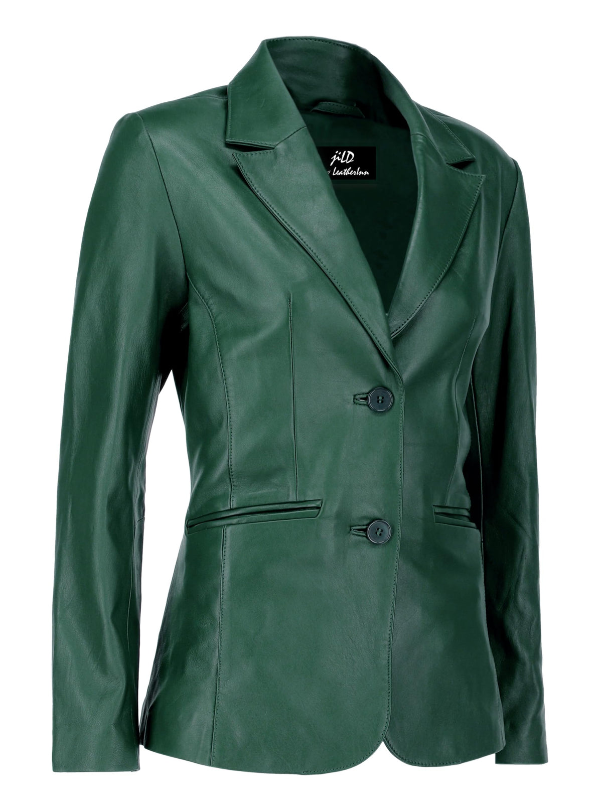 Jild Classic 2-Button Lambskin Leather Blazer Women - Casual Coat Long Sleeves Suit Style Leather Jacket Women (LC-GREEN-L)
