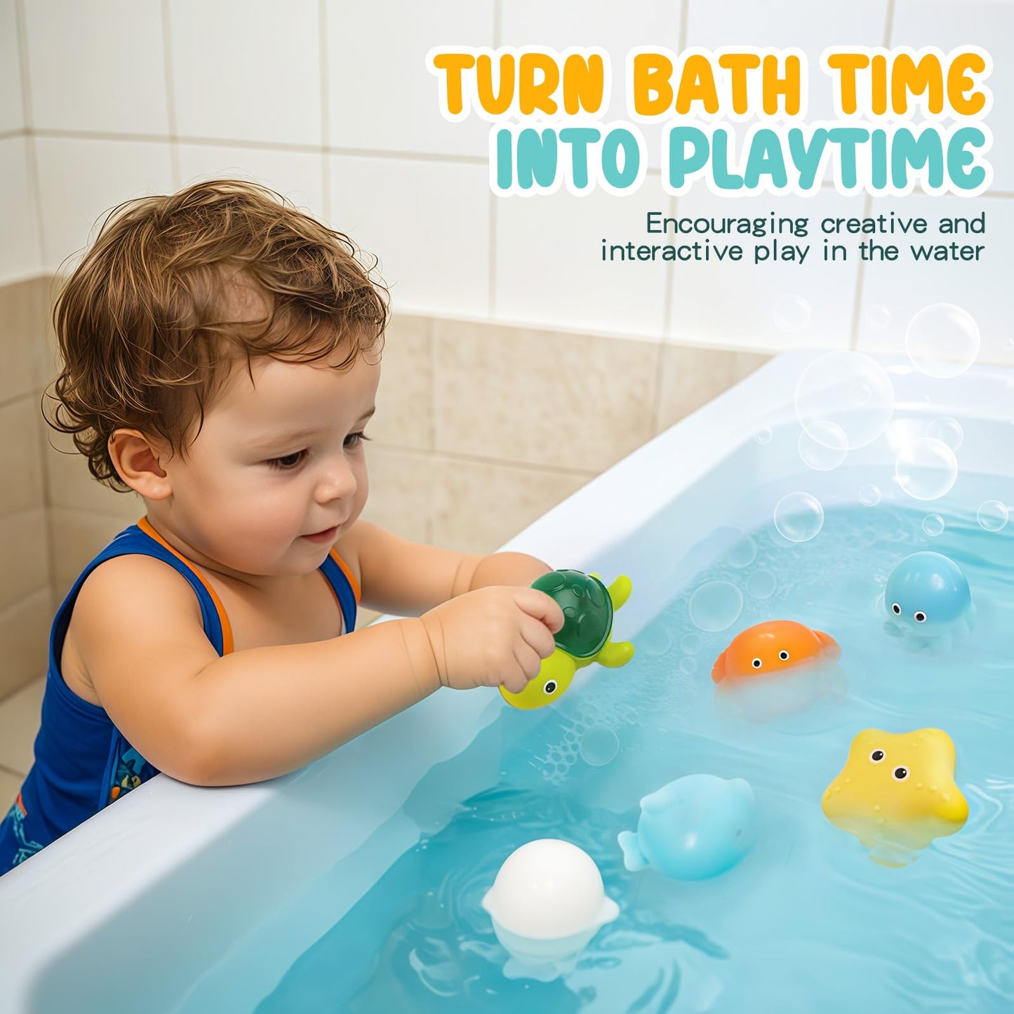 Bath Toys 6 Pack No Hole Baby Bathtub Toys Soft Squeezable & Float on Water Easy-Grip Toddler Bath Toy Set for Kids Ages 1-3 Tub Pool Toys