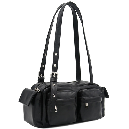 FashionPuzzle Glossy PU Leather Multi Pocket Shoulder Bag Satchel (Black)
