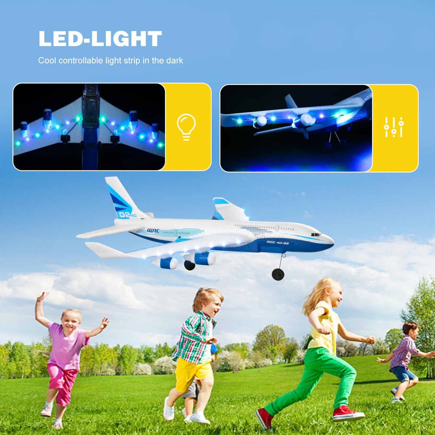 4DRC Remote Control Airplane for Kids Boys Adults, G2 Remote Control Plane Jet for Beginners Adult, Ready to Fly Airplane with One Key Aerobatic LED Light, RC Plane for Kids, 2 Battery