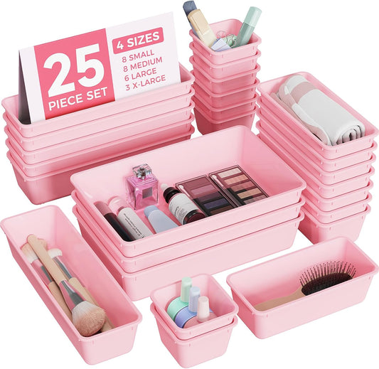 BiuLeon 25 PCS Plastic Drawer Organizers Set - Versatile Makeup & Vanity Storage | Pink, 4 Sizes