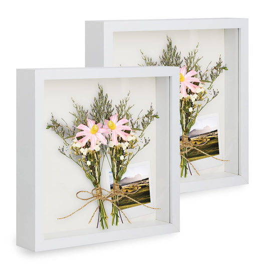 Anhow 2pcs 5x5 Shadow Box Frame, 3D Picture Frame Display Cas with Real Transparent Glass for Photos, Memorabilia, Crafts, Souvenir, Wedding Memories, Baby Items - White/ 1.2 Inch Depth