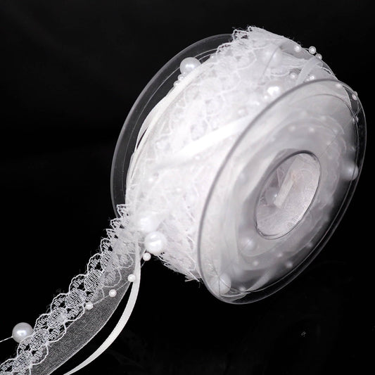 Youmeizer 5M /5.5 Yard 4-in-1 Pearl String Satin Ribbon Lace Organza for Wedding Flower Christmas Tree Decoration Sewing Craft Packaging (White)