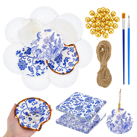 PH PandaHall 12 Set Scallop Shells Decoupage Kit, White Natural Large Shells with 24pcs Decoupage Paper 10m Cord 2pcs Paint Brush 30pcs Gold Bead Seashell Painting Kit for DIY Crafts Tray Decor Making