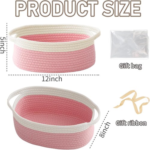JMvicyroam Woven Basket - Small Rope Storage Bin with Handles | Organizer for Shelves & Closets - White & Pink (2 Pack)