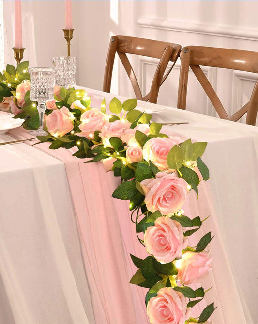 2 Pcs Flower Garland with 19.6 Ft Lights, 13.2 Ft Pink Floral Garland Fake Flowers for Wedding Arch Party Wall Garden Room Decor