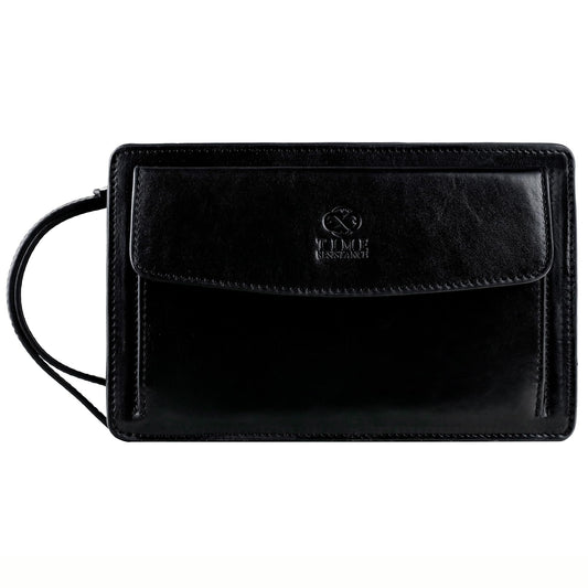 Time Resistance Leather Clutch for Men - Organizer Wrist Bag Briefcase - Handmade in Italy (Black) - Gift Box Included
