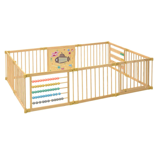 Wooden Playpen Extra Large for Toddlers and Babies - Under The Sea Theme Toy Design - (8/10) Wood Panels - Foldable and Adjustable Baby Play Yard- Extra Large Baby Playpen (10-Panels)