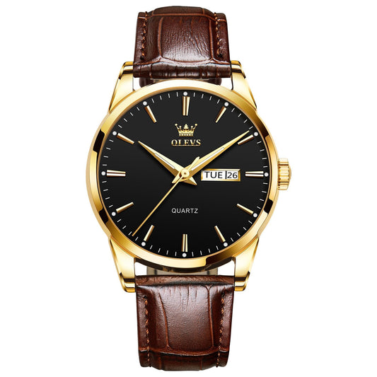 QBAIZI Mens Gold Watches Brown Leather Band Analog Dress Wristwatch for Men Black Face Luxury Male Watch with Day Date Easy to Read Vintage Men's Wrist Watches Waterproof Luminous Reloj para Hombre