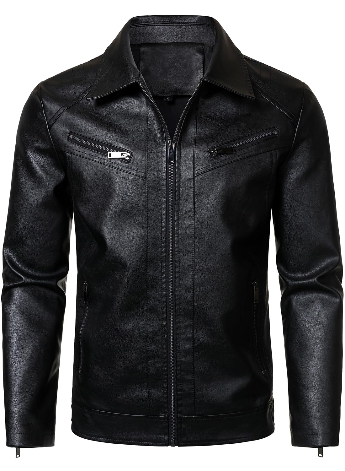 HOOD CREW Mens PU Leather Jacket Classic Style Turn Down Collar Faux Leather Biker Jackets Black M