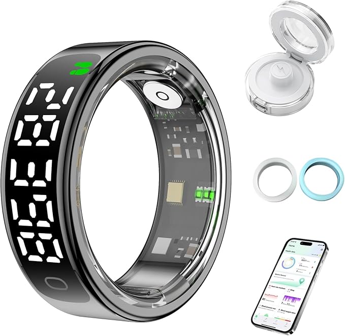 Smart Health Ring for Women Men, Smart Ring Fitness Tracker for iOS Android, Heart Rate, Blood Oxygen, Blood Pressure, Sleep Monitoring,5ATM Waterproof, No Subscription Fee (Black, 12#)