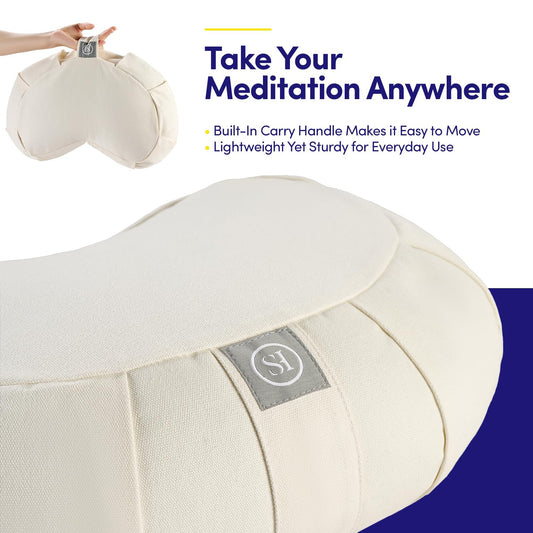 Zafu Meditation Cushion Floor Pillow – Supportive Crescent Cushion for Meditation, Yoga, Pilates, and Relaxation – Filled with Buckwheat Hulls - Removable Cotton Cover - Great Gift Idea, Beige