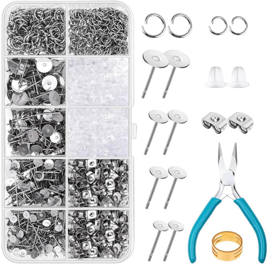 Caffox Hypoallergenic Earring Posts and Backs, 1800pcs Stainless Steel Stud Earring Kit with Earring Base Studs, Earring Backs and Jump Rings for Clay, Resin, Pearls, Jewelry Making and Crafting