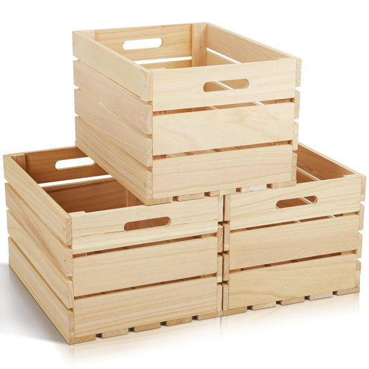 MOQRUAO 3 Pack Large Wooden Storage Crates 16 x 12 x 9.5 Inches Unfinished Wood Farmhouse Milk-Style Crates with Handles Unassembled Decorative Boxes for Home Office DIY Crafts (Natural Wood (3))