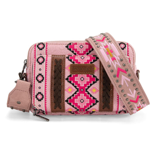 Wrangler Crossbody Bag for Women Boho Aztec Small Western Shoulder Bag with Wide Guitar Strap Gift Pink WG2207-3005LPK