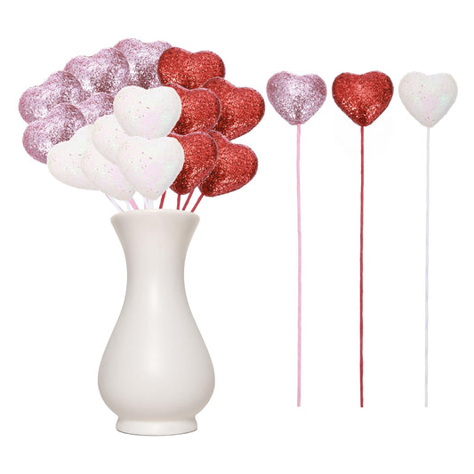 MECCANIXITY 24 Pcs Glitter Heart Shaped Picks Puffy Foam Hearts Floral Sparkly Stick for Valentine's Day Wedding Decor Home Vase Supplies Flower Arrangements Craft (Red/Pink/White, 4cm x 22cm)