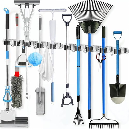 Heavy Duty Wall Mount Broom Holder by [Brand Name] - Stainless Steel Organizer with 5 Racks & 4 Hooks | Self-Adhesive or Screw Mount for Garage, Laundry, Kitchen - Silver