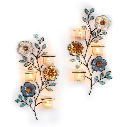Sziqiqi Candle Sconces Wall Decor: Wall Candle Holder with 6 Glass Cups for Tealight - Colorful Metal Flower and Leaf Sconces for Living Room Bedroom