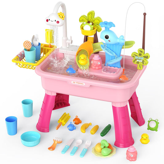 GGRH 2026 Upgraded Water Table for Toddlers 1-3 - Outdoor Toys for Kids Ages 4-8 with Pump, Summer Outside Sensory Activity Pool Toys, Kitchen Play Sink Toy with Running Water, Fishing Toy, Pink