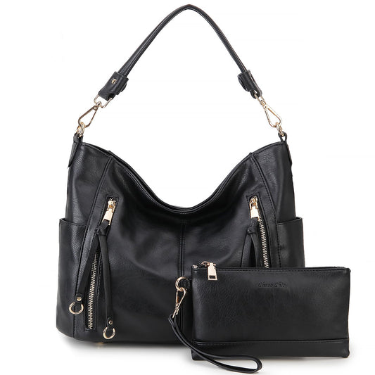 Chase Chic Hobo Bag for Women, PU Leather Ladies Purse and Handbags with Adjustable Strap Trendy Large Crossbody Shoulder Bucket Bag for Work,Travel(Black)