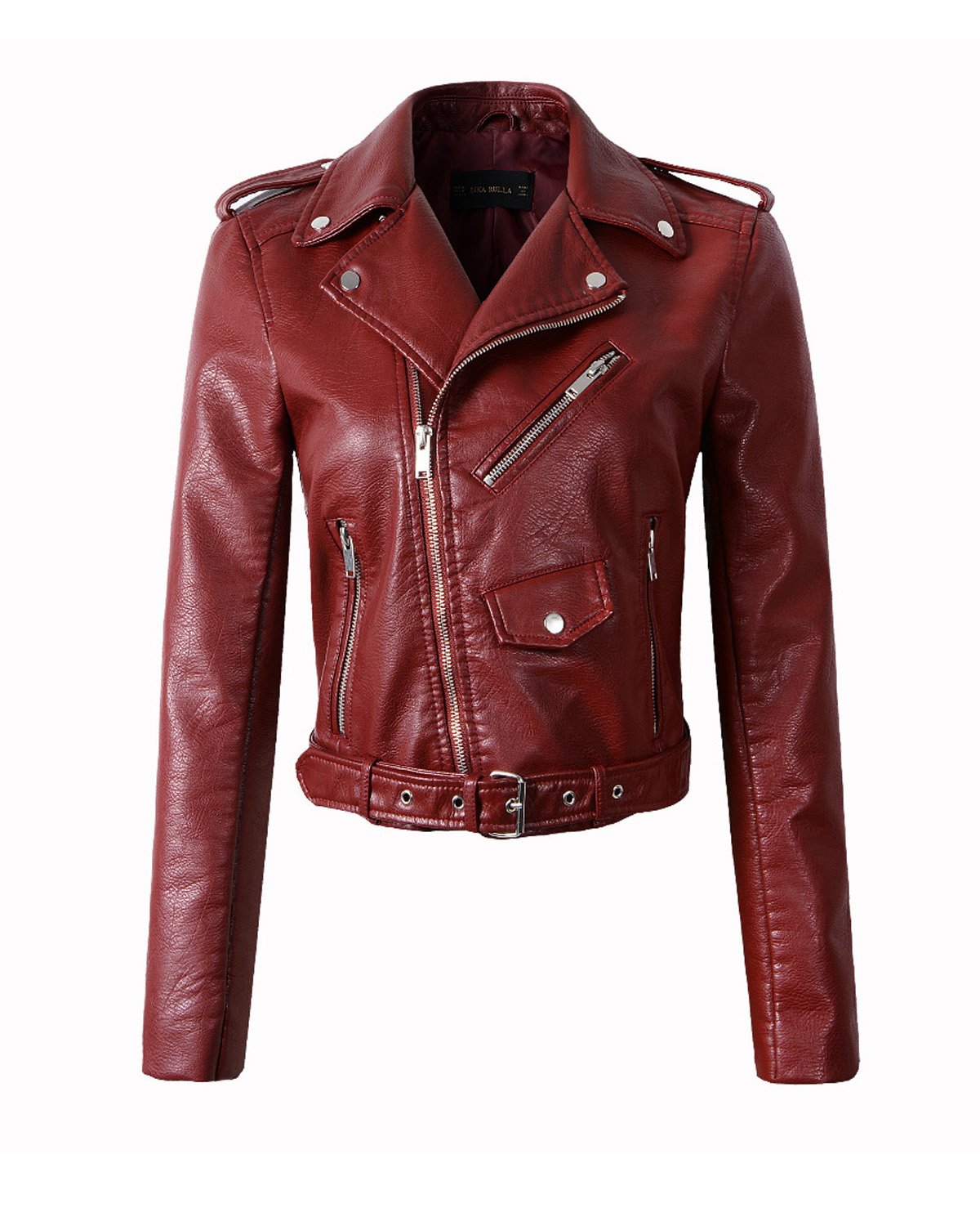 LY VAREY LIN Fitaylor Women's Faux Leather Motorcycle Jacket PU Slim Short Biker Coat (M, Wine Red)
