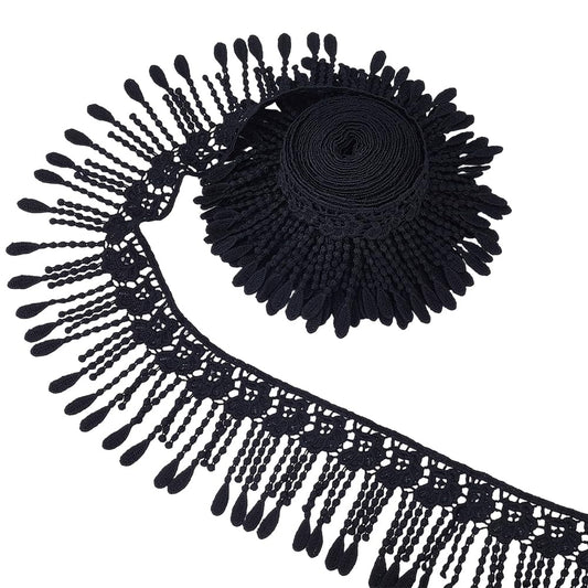 CABODYALS 5 Yards 3 5/8 Inch Wide Black Lace Fringe Trim Embroidery Trimmings Braid Fabric Polyester Crochet Floral Tassel Durable Ribbons for Sewing Making Dress Curtain Wedding DIY Craft Supply