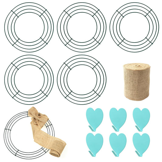 UltraOutlet 6 Pack 14 Inch Metal Wreath Frame Wreath Ring for Crafts with 6 Adhesive Hooks and 3.3 Yard Burlap, Front Door Christmas New Year Valentines Wedding Decoration