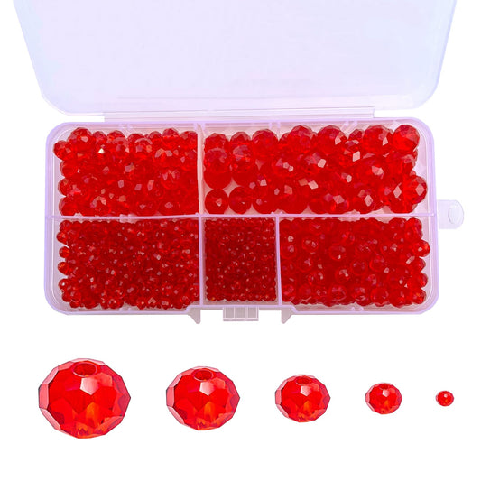 JEBBO 1000pcs Red Glass Beads for Jewelry Making, 2/4/6/8/10mm Assorted Crystal Beads Faceted Briolette Crystal Glass Beads for DIY Craft, Rondelle Spacer Beads for Bracelets Necklaces