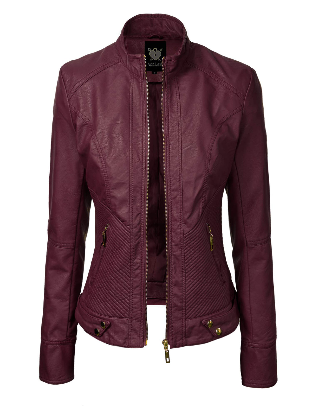 Lock and Love LL WJC747A Womens Dressy Vegan Leather Biker Jacket XS Wine