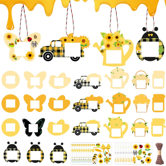 Cholemy 48pcs Sunflower Bee DIY Photo Frame Craft Kit for Kids, Hanging Ornament with Stickers, Summer Bee Ladybug Butterfly Truck Shapes for Party Favors, Classroom & Home Decor(Summer Style)