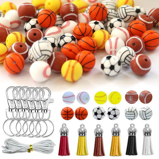 Silicone Beads, 60pcs 15mm Silicone Beads Bulk with 6 Keychain & Tassels, 5M Lanyard Making Jewelry Necklace Bracelet DIY Crafts for Pen, Xzyden Rubber Beads Sports Silicone Bead for Keychain Making