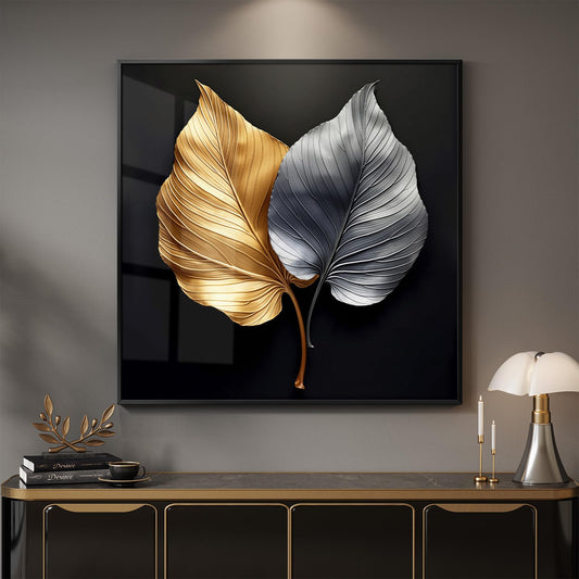 Framed Modern Elegant Wall Art, Black Gold and Silver Leaf Prints Paintings Artwork for Walls, Contemporary Luxury Picture for Bedroom, Dining Room, Lounge, Office, Living Room Wall Decor 24x24 In