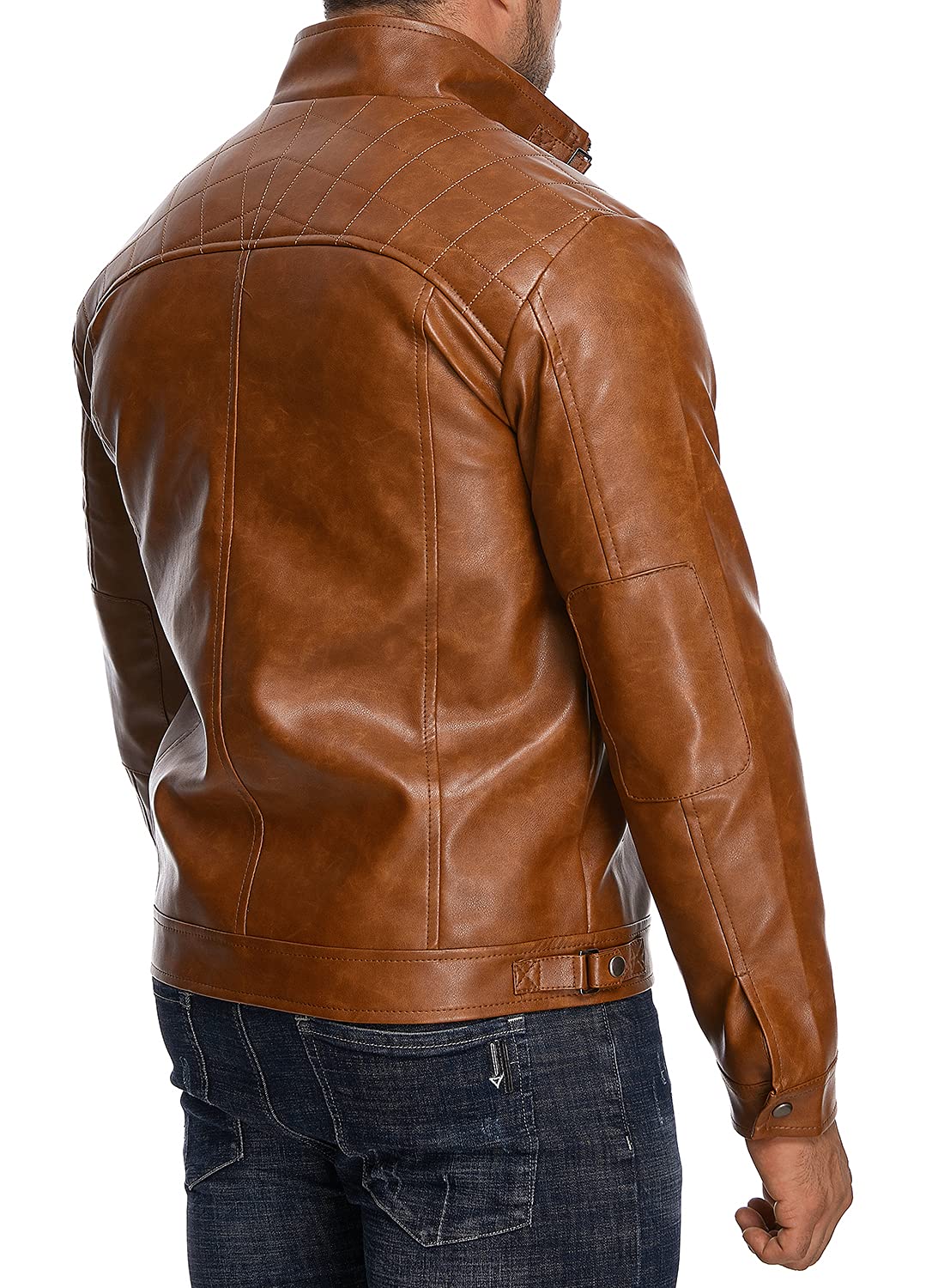 HOOD CREW Men’s Stand Collar Leather Jacket Casual Faux Leather Motorcycle Jacket Outerwear Coat with Zipper Pockets Brown XL
