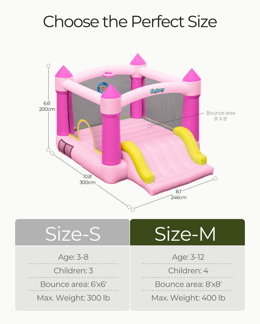 Outfunny Bounce House with Slide, Inflatable Bouncy House for Kids 3-12, Outdoor&Indoor, Bounce Area 8'x8', Capacity 400 lb - Pink
