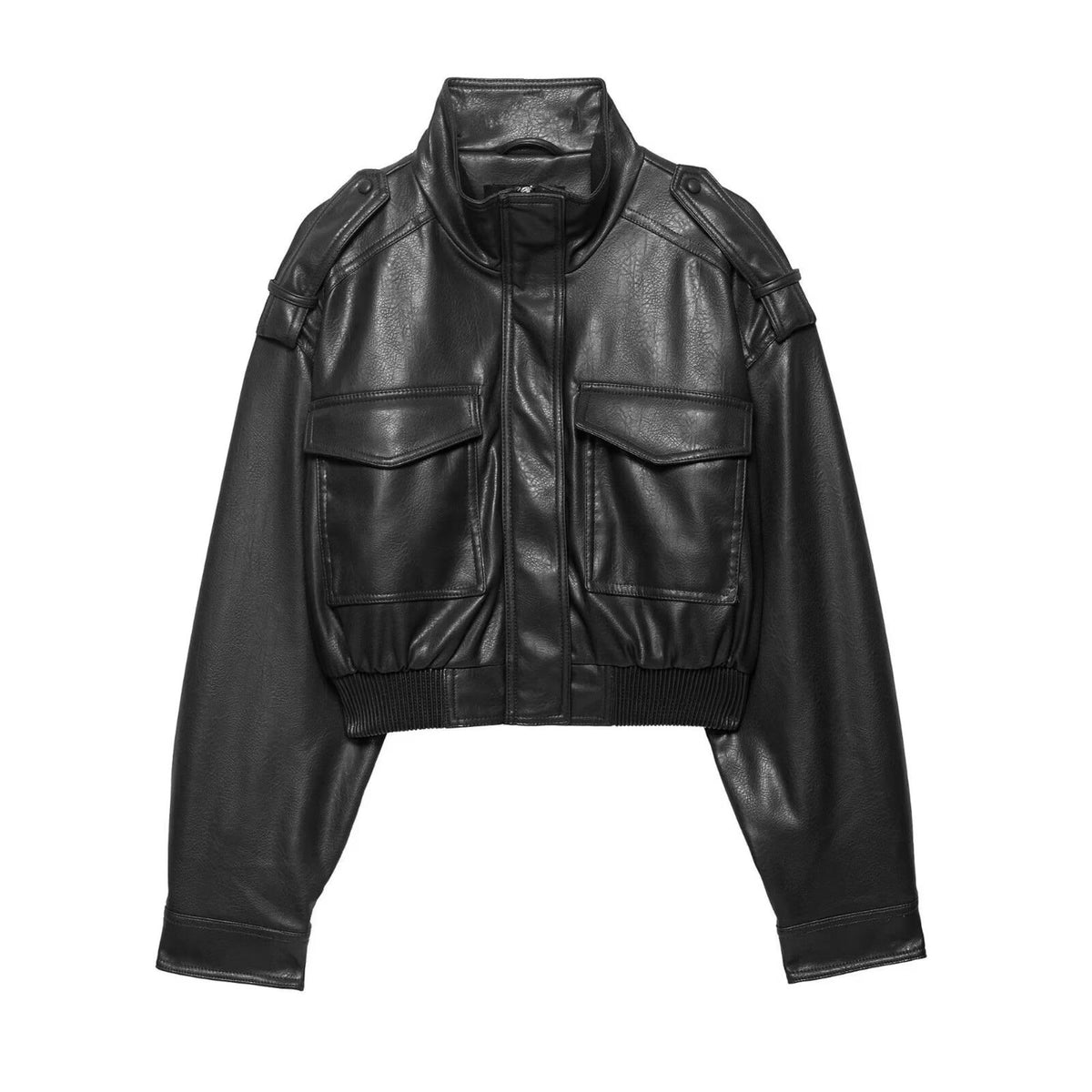 FindThy Women’s Cropped Faux Leather Jacket Vintage Stand Collar Long Sleeve Zip Up Fall Fashion Motorcycle Bomber Coats(4212-Black-S-LB)