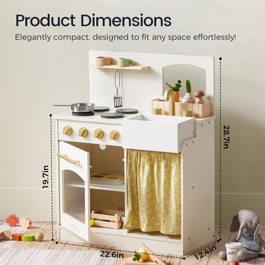 Tiny Land Toddler Kitchen Playset, Wooden Play Kitchen Set Toy with Cutting Food & Cookware, Oven, Clicking Knobs, Stove and Sink, Small Toy Kitchen Gift for 1-3 Year Old Kids, Girls & Boys - Cream
