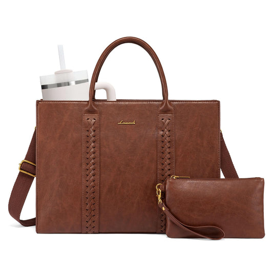 LOVEVOOK Laptop Tote Bag for Women, Vintage Leather Work Bag With Cup Holder, Waterproof Computer Purse, Professional Briefcase Office Shoulder Handbag, 15.6 Inch, Brown