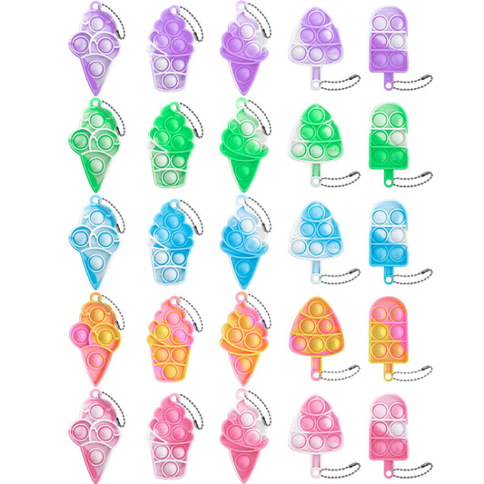 25Pcs Mini Ice Cream Pop Keychain Fidget Toys, Ice Cream Party Favors Supplies, Silicone Mini Pop Toys Birthday for Kids Anxiety Stress Reliever for Adults