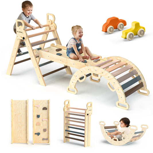 BlueWood Pikler Triangle Set 7in1 Foldable Baby Climbing Toys Wooden Montessori Climbing Set with Arch&Ramp&Ladder Baby Climber Indoor Jungle Gyms for Toddlers Montessori Toys - Mauve Pink