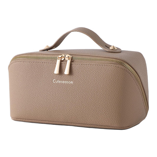 Cuteseason PU Leather Makeup Bag for Women, Structured Makeup Case with Wide Opening, Travel Cosmetic Bag with Compartments and Handle, Water-Resistant Makeup Organizer(Khaki, Lychee Grain)