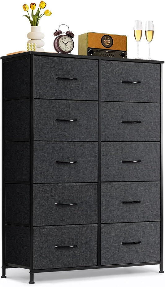 Regine Switzerland 10-Drawer Dresser - Anti-Tip Tall Storage Organizer with Wooden Top & Metal Frame | Black