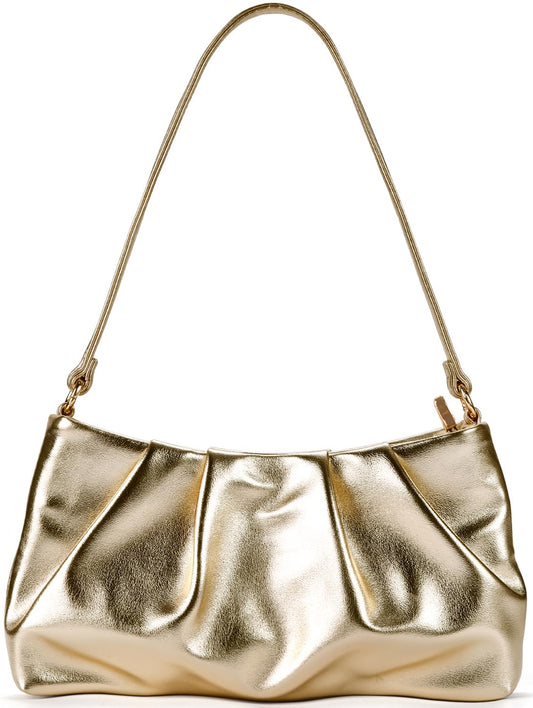 QIRACHIC Champagne Gold Women's Clutch Purse, Pleated Evening Handbag, Shoulder Bag with Detachable Chain and Shoulder Strap