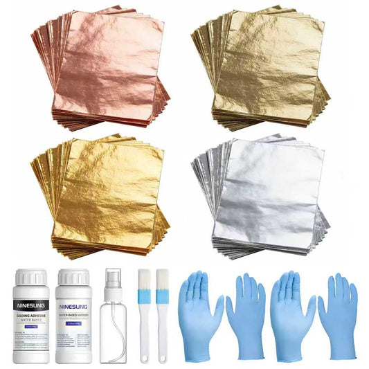 Ninesung Gold Leaf Gilding Adhesive Set, 100ml Water Based Glue and 100ml Varnish, 4 Colors Gold Leaf Sheets 100 pcs, 2 Brushes, Spray Bottle, Gold Leaf Kit for Craft, Painting and Arts
