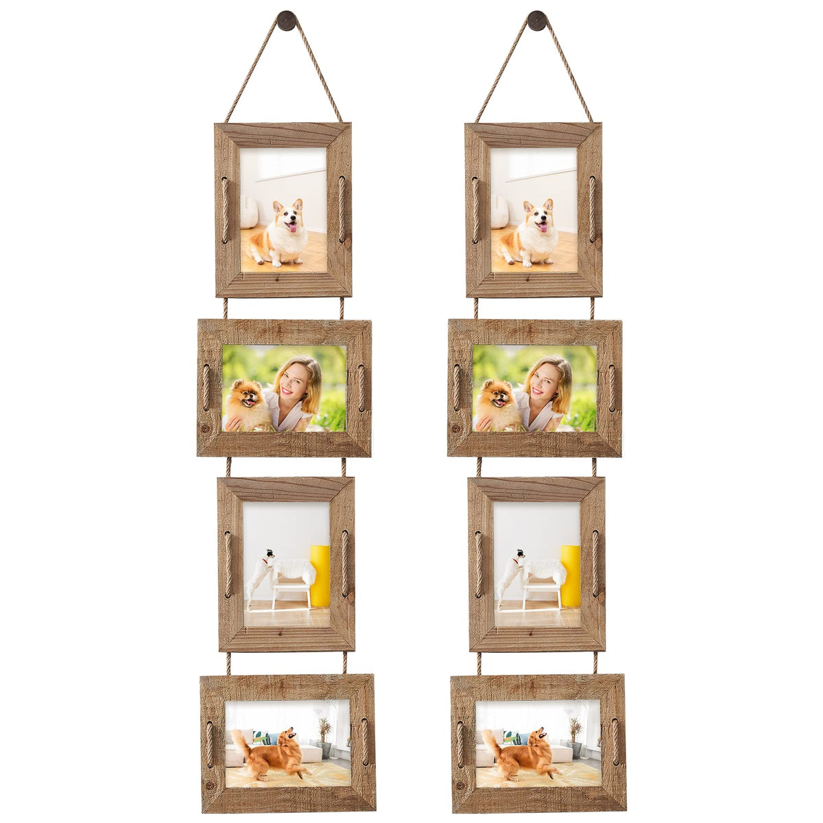 ABSWHLM 5x7 Picture Frames Rustic Solid Wood Hanging Picture Frames 4 Opening Photo Frame Display 4"x6" Pictures with Mat or 5"x7" Without Mat, 2 Pack Weathered Brown