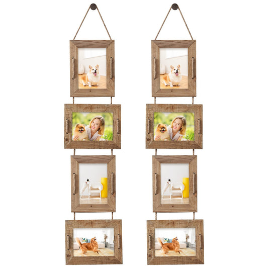 ABSWHLM 5x7 Picture Frames Rustic Solid Wood Hanging Picture Frames 4 Opening Photo Frame Display 4"x6" Pictures with Mat or 5"x7" Without Mat, 2 Pack Weathered Brown