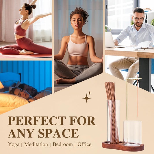 2 in 1 Incense Holder for Sticks with Glass Ash Catcher, Upside Down Anti-Ash Incense Stick Burner, Modern Vertical Incense Holder for Yoga, Spa, Meditation and Home Decor Reddish Brown